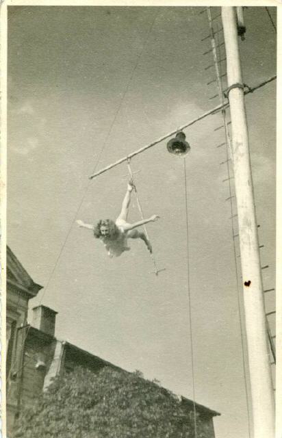 Gertruda Berousek, mother of my wife Andrea, on the high pole, 1956